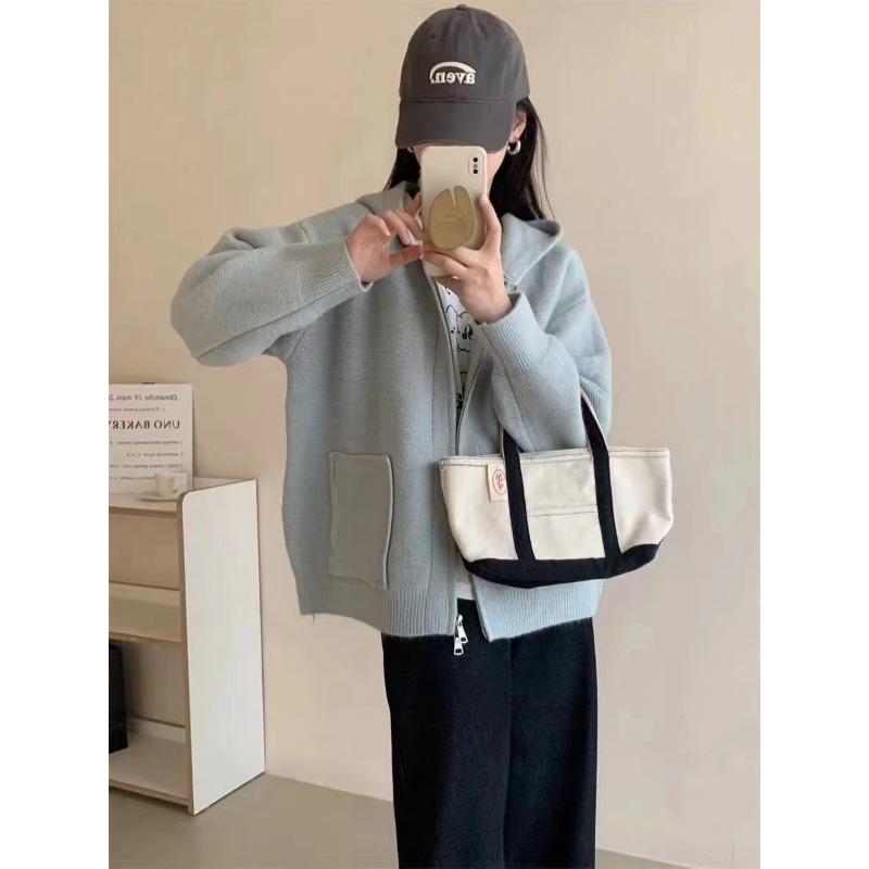 New Simple Pocket Double Zipper Hooded Knitted Cardigan for Women Loose Lazy Style Solid Color Thick Coat for Women