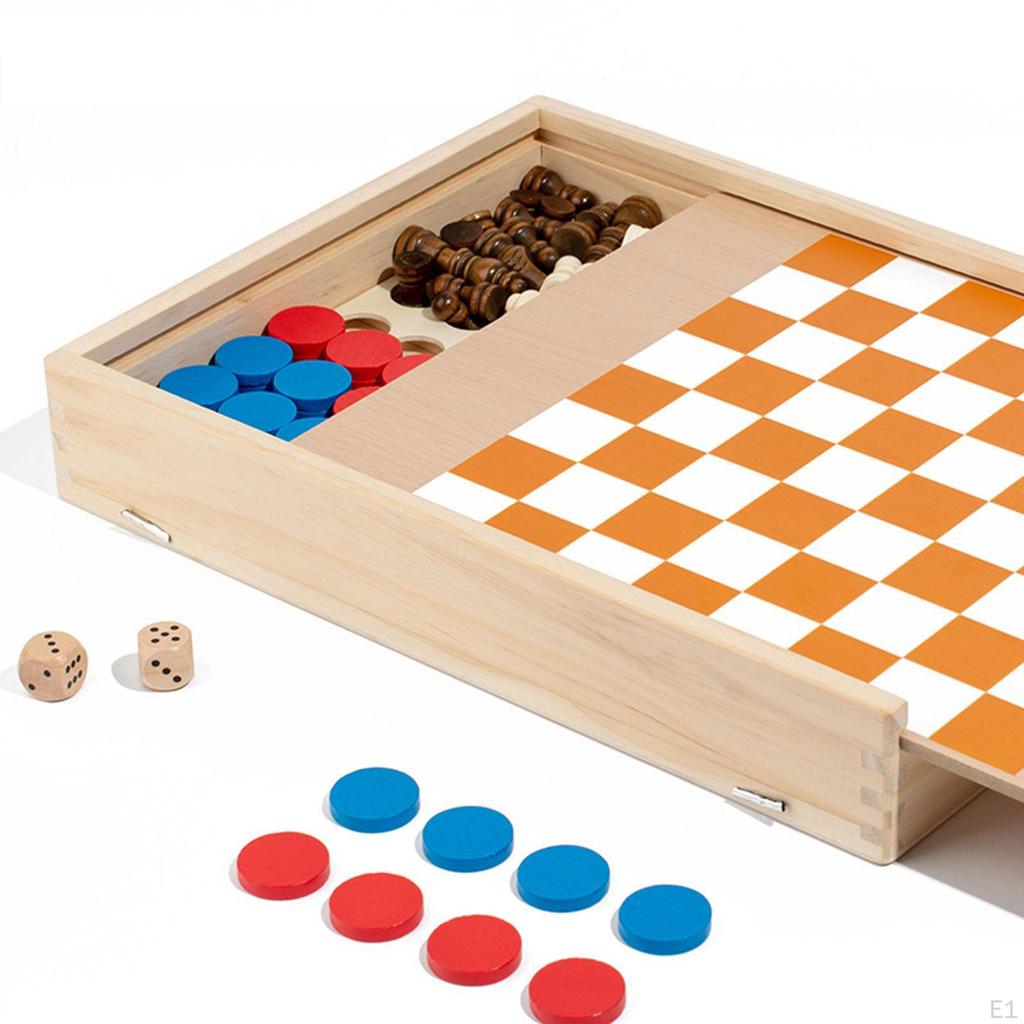 5 In 1 Wooden Board Game Set with Chess, Shut The Box Games, Hockey Puck, Backgammon