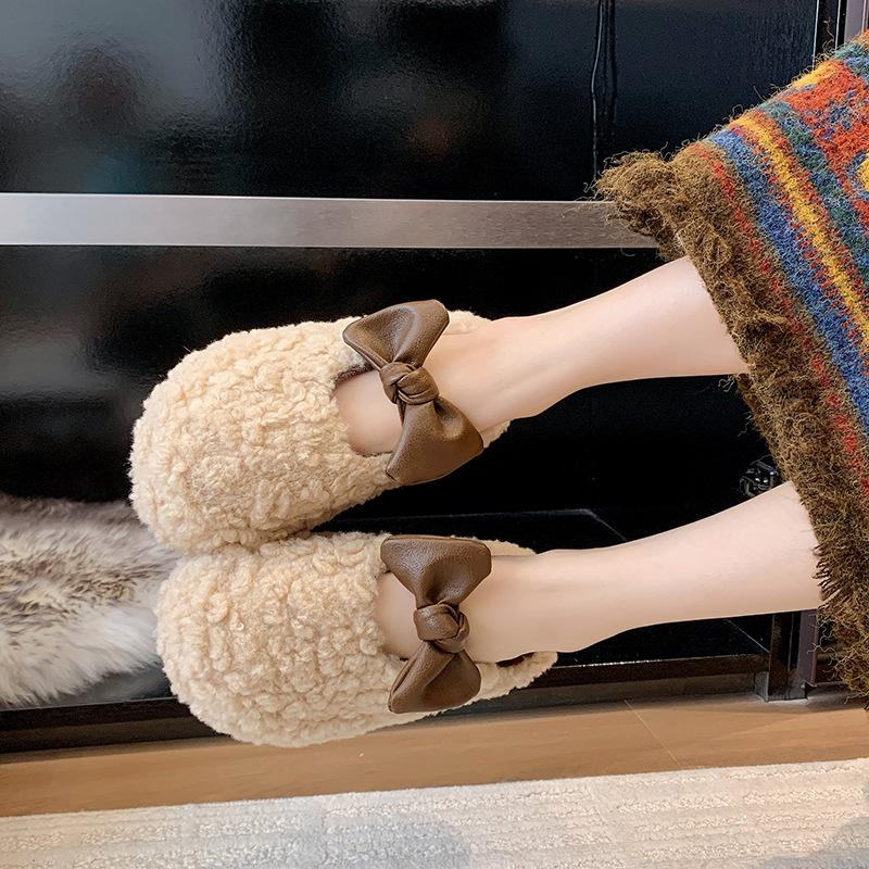 Bow Leopard Print Fluffy Shoes for Women's Outer Wear 2025 Autumn and Winter Sweet and Warm One-pedal Cotton Drag Velvet Bean Shoes