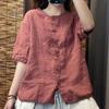 Damenhemd Frühling Sommer Baumwolle und Leinen Rundhals Retro Damenbluse Einfarbig Altersreduzierend Damen Strickjacke T-Shirt