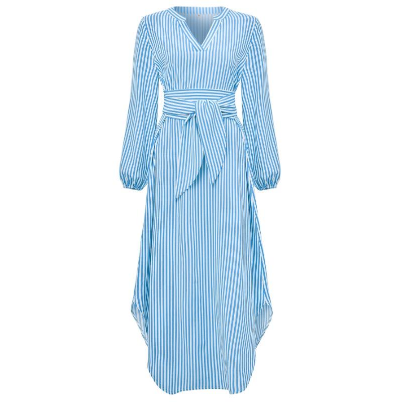 Jarní a podzimní dámské šaty Ležérní Výstřih s proužkovanou kravatou v pase Košilové šaty s dlouhým rukávem
