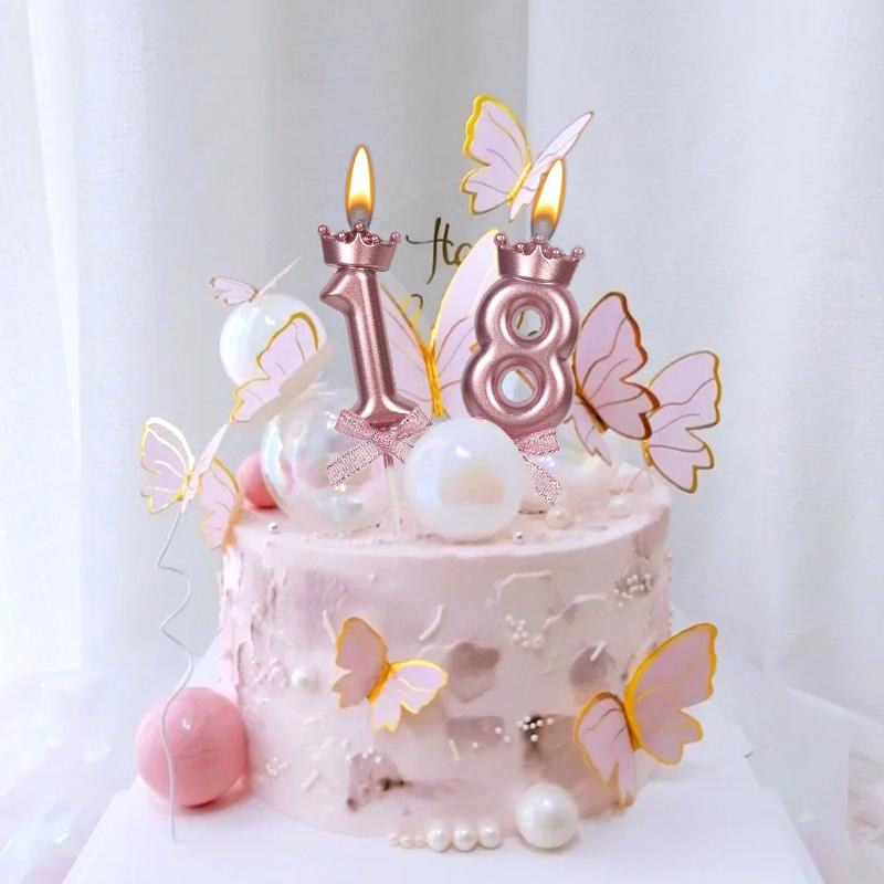 Pink Crown Candle Birthday 0-9 Number Cake Decoration Digital Candles Dessert Insert Decor Party Anniversary Day Cake Decor