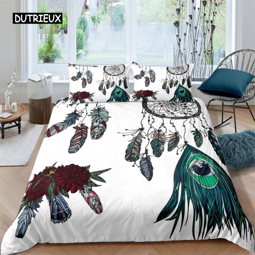 Peacock Feather Duvet Cover Feather Theme Bedding Set Microfiber Floral Quilt Cover Twin King For Teen Boys Girls Bedroom Decor
