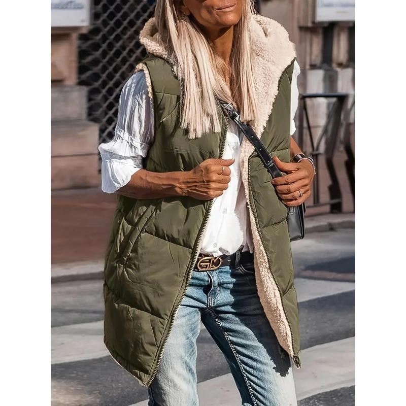 Solid color hooded cotton-padded vest double-sided wear slim-fit temperament cardigan jacket top