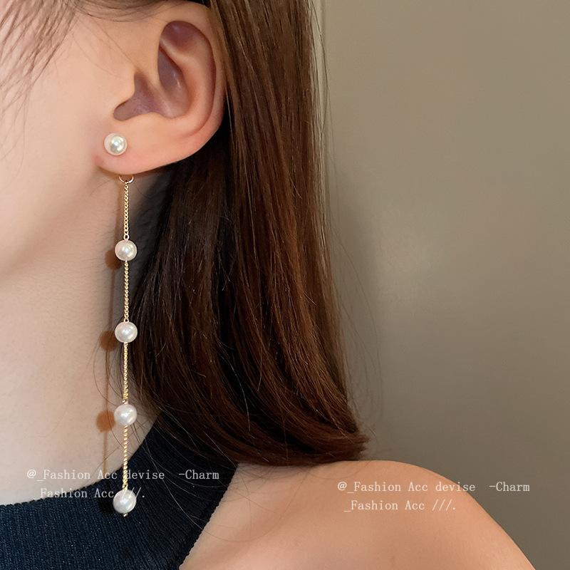 Silver Needle Pearl Tassel Two-wear Earrings French Simple High-end Stud Earrings Retro Fashion Temperament Earrings