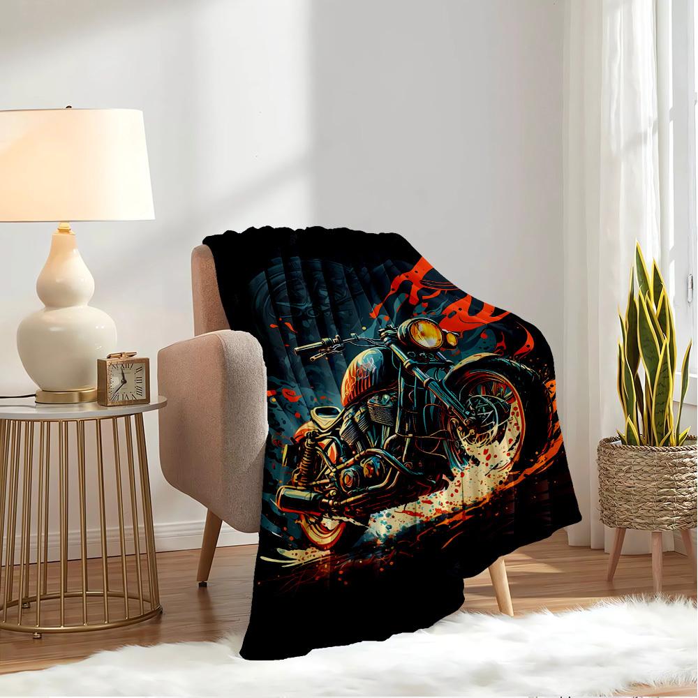 1pc Motorcycle,Flame,Artwork Digital Print Flannel Blanket - Contemporary Style, Suitable for All Seasons, Perfect for Home, Travel, or Camp
