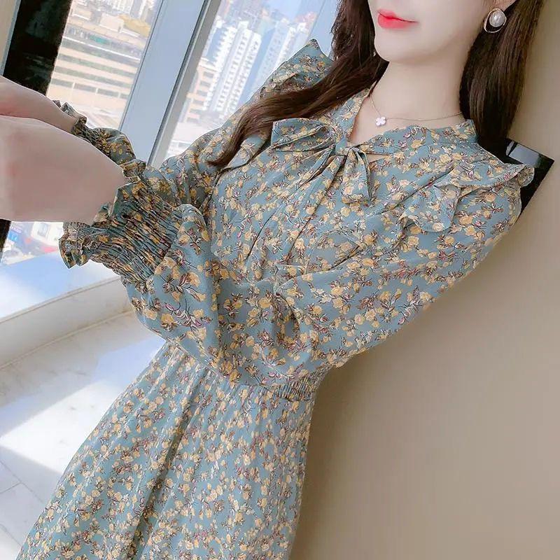 Goddess Style Slimming Ruffled Floral Tea-length Dress