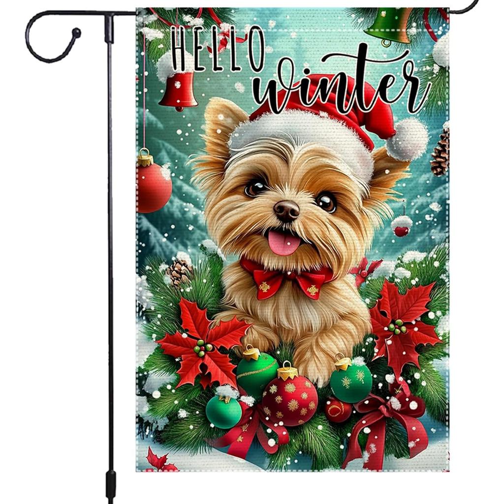 Double-Sided Garden Flag for Winter Christmas Featuring a Yorkshire Terrier, Ornaments, And Holly, Perfect for Holiday Outdoor Decoration