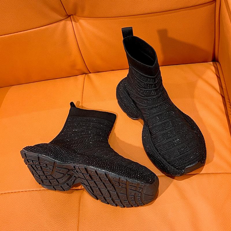 Fashion Luxury Thick Bottom Full Diamond Knitted Boots Fashionable Women's Designer Bare Boots High Quality Anti Slip Women's Sneakers