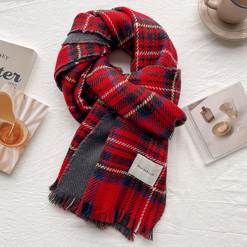Retro red plaid scarf women's winter atmosphere versatile high school style new shawl