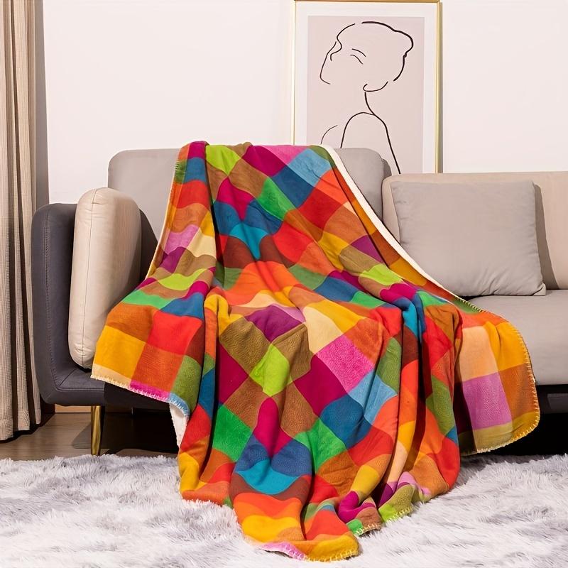 Soft Polyester Colorful Geometric Fleece Blanket Double Layer Machine Washable All-Season Comfort Ideal for Naps & Relaxation