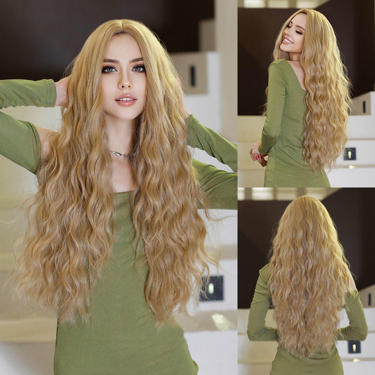 

New Fashionable Golden Long Curled Hair Female Big Wave Medium Split Water Ripple Curling Full Head Cover