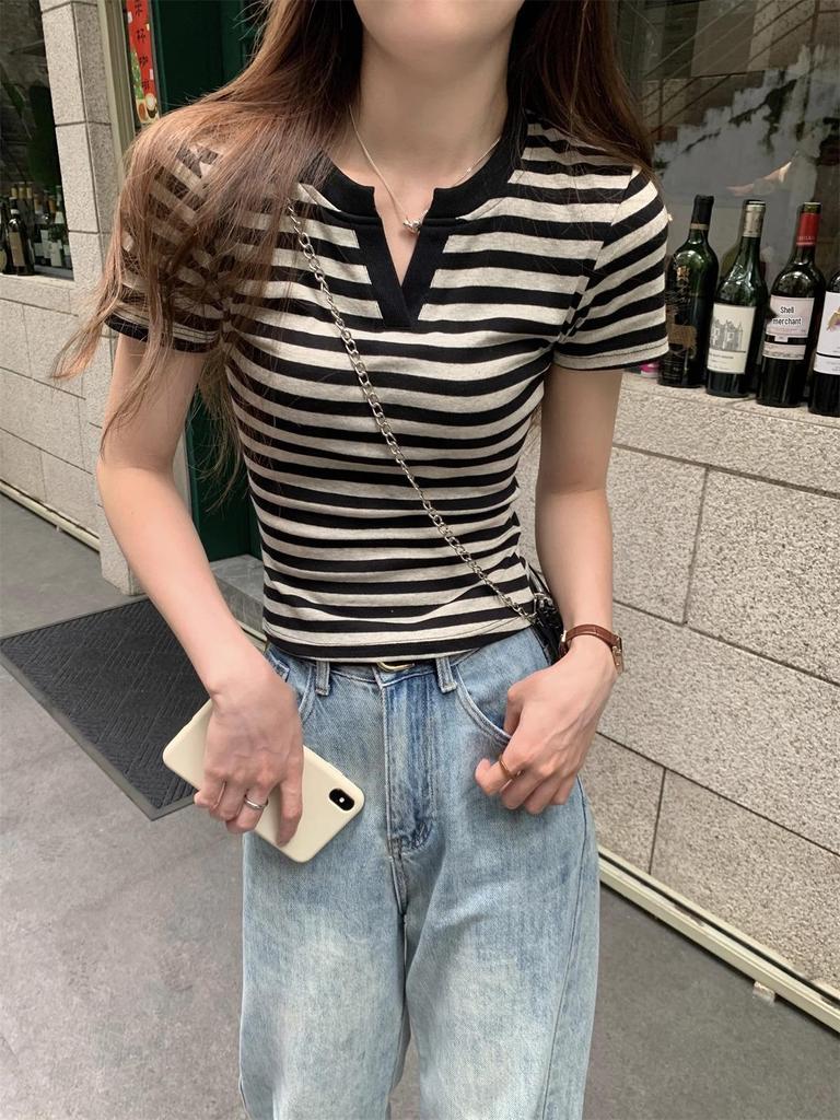 Spicy Girl Striped Color Block Short Sleeve T-shirt, Summer 2026 Women's Slimming Versatile Top