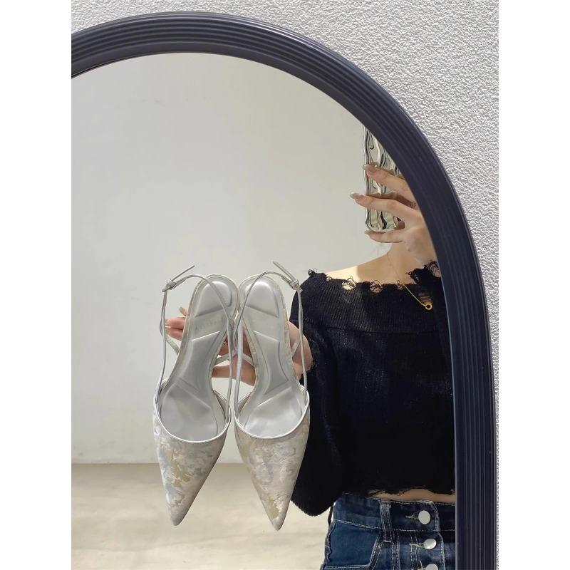 

Женские сетчатые туфли с острым носком и открытой пяткой на среднем каблуке, однотонные босоножки с пряжкой на ремешке, повседневные туфли 34 серый