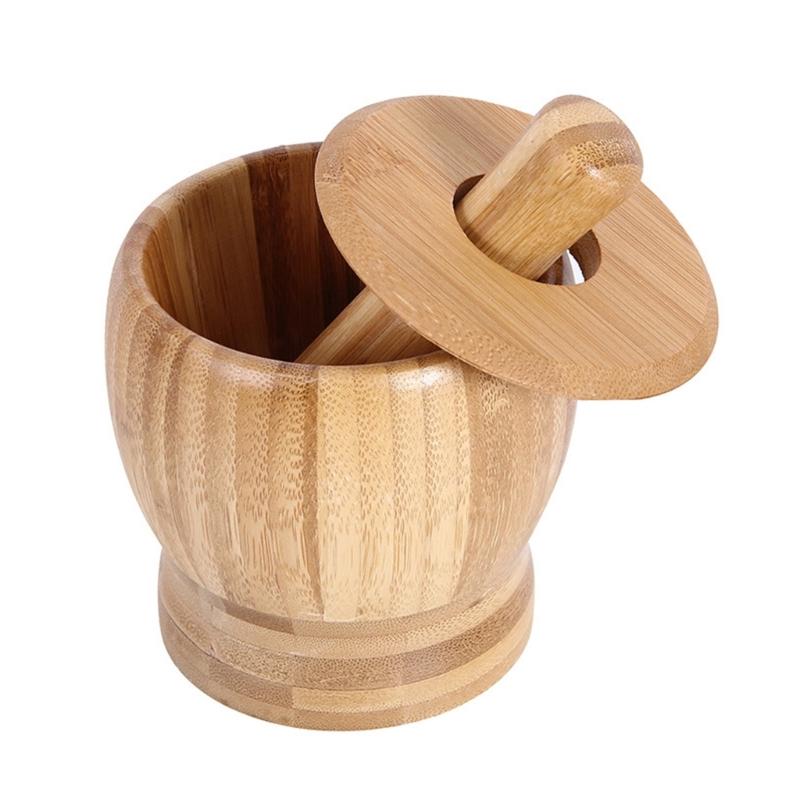 

Bamboo Mortars and Pestle Set with Lid Pepper Garlic Spices Grinder Press Crusher Masher Kitchen Tool Grinding Bowl L
