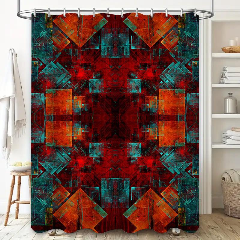 Abstract Geometric Shower Curtain Waterproof Fabric With Red, Blue, Orange, And Green Design For Bathroom Decorations In Various