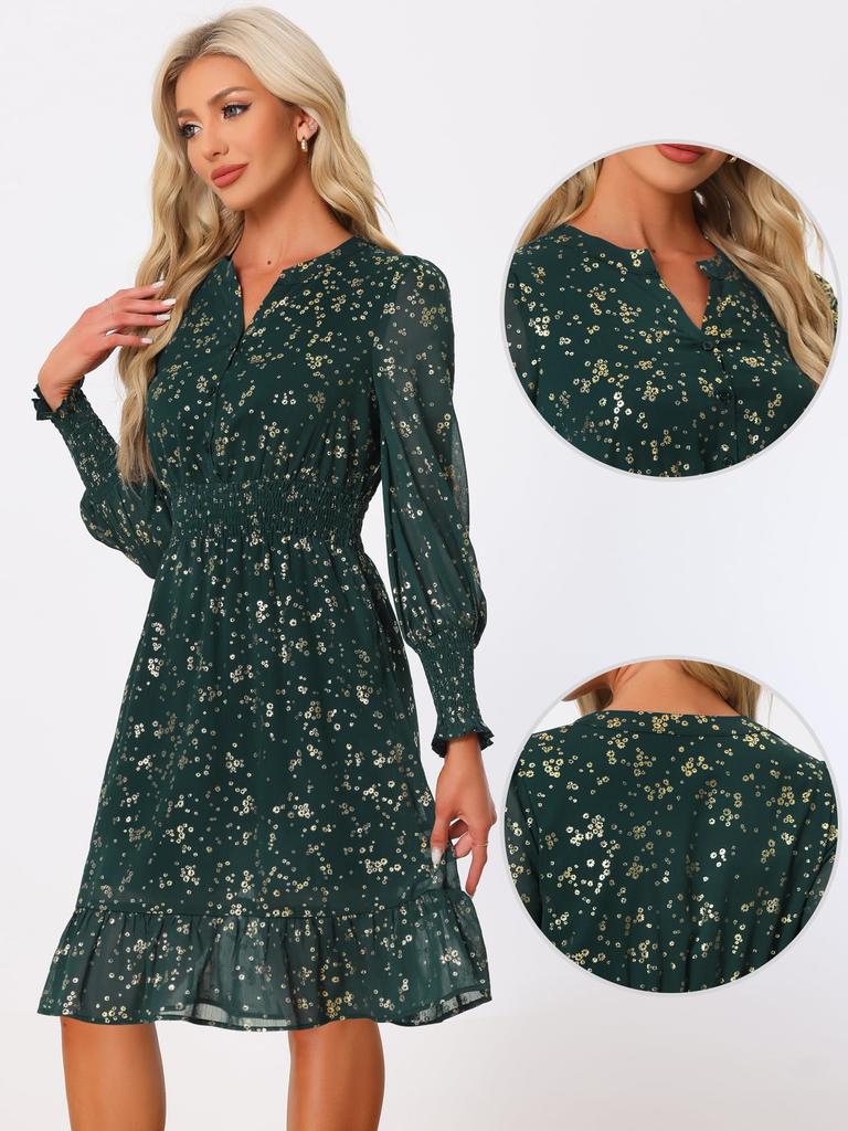 Allegra K Women's Star Dress, V-Neck Chiffon Glitter Star Print Metallic Button-Up Smock Dress, Dark Green Floral Print, Size M
