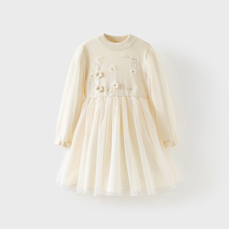 David Bella Girls  Dress Kidsren s Knitted Gauze Skirt Girl Princess Dress Spring New White Sweater Skirt Beige [Ready Stock] 120
