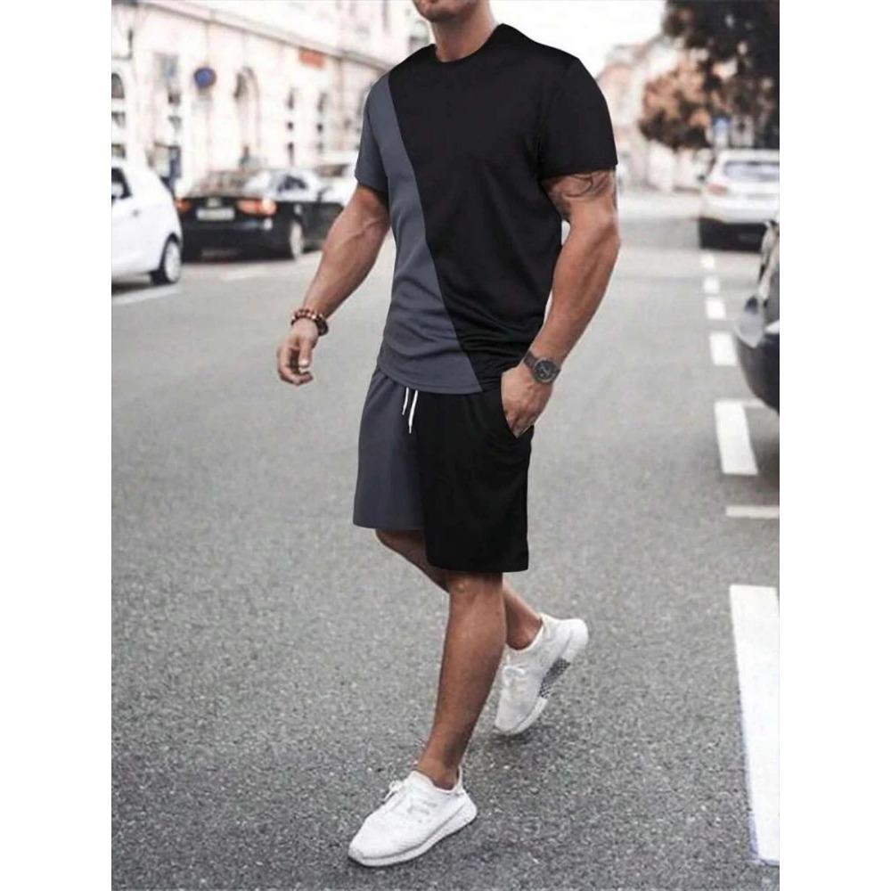 Men's Summer Striped Letter Printed Soft And Breathable Round Neck T-shirt Shorts Set, Outdoor Urban Casual two-Piece Set