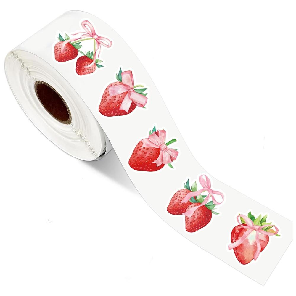 500pcs/roll Strawberry Bow Stickers 2.5cm Pink Bowknot Strawberry Stickers Decoration Notebook Scrapbooking Journaling Gift
