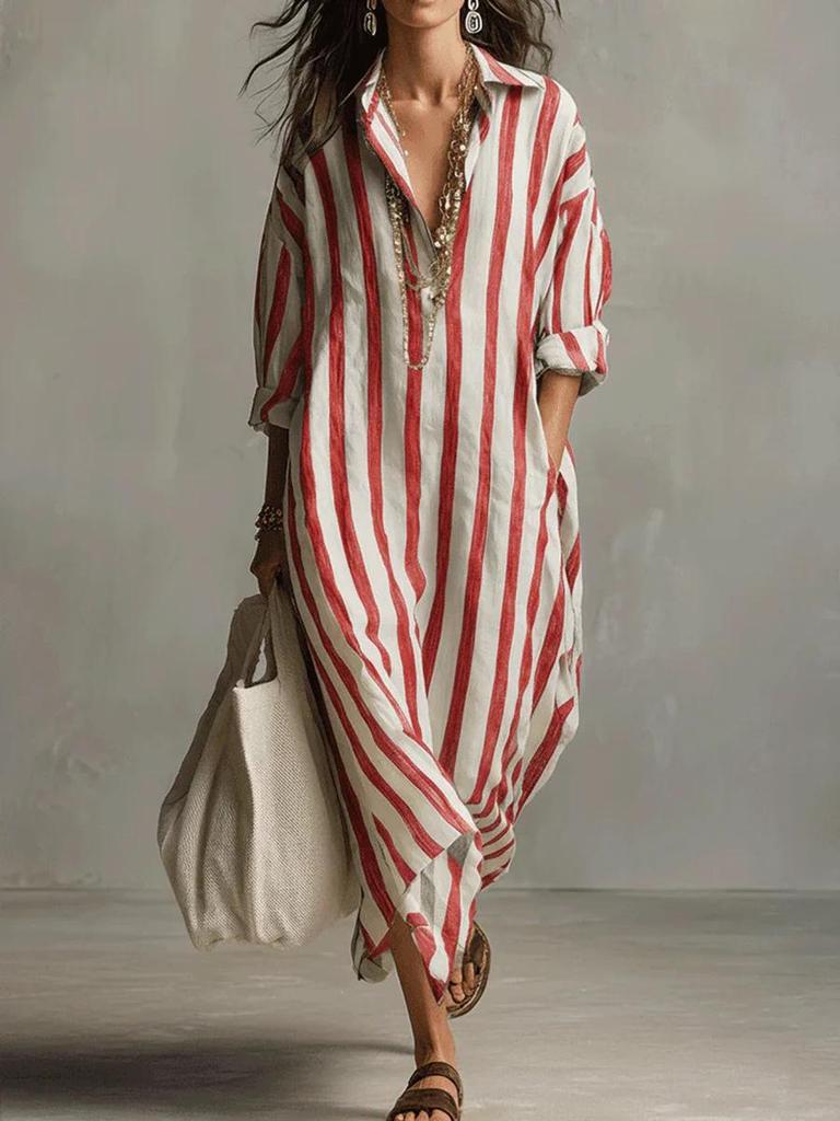 European & American Striped V-neck Summer Shirt Dress with 3/4 Sleeves