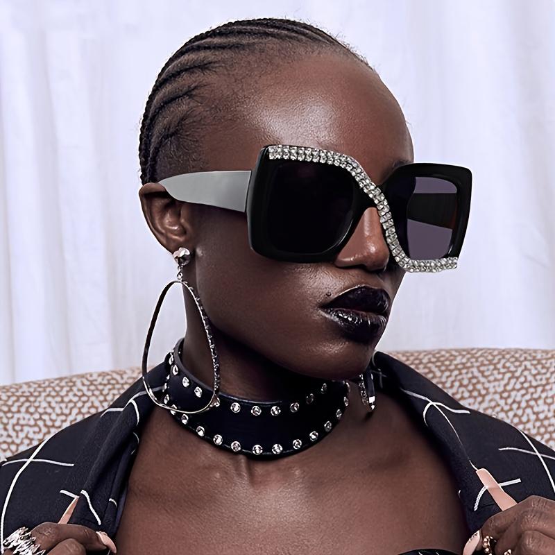 Embellished Rectangular with Sparkling Frame Fashion-Forward Flat Light-Filtering Lenses Includes Microfiber Cloth for Women & Men