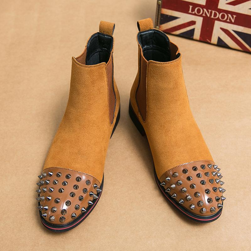 New Winter Pointed Punk Rivet Suede Chelsea Ankle Boots Brown Black Men's Casual Luxury Brand High-top Shoes Zapatos Hombre