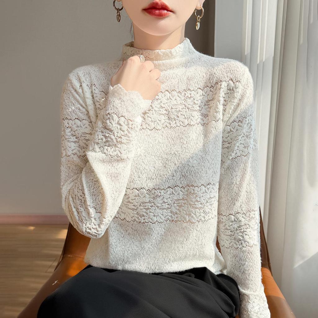 Women's Chic High-Neck Lace Trim Jacquard Knit Sweater
