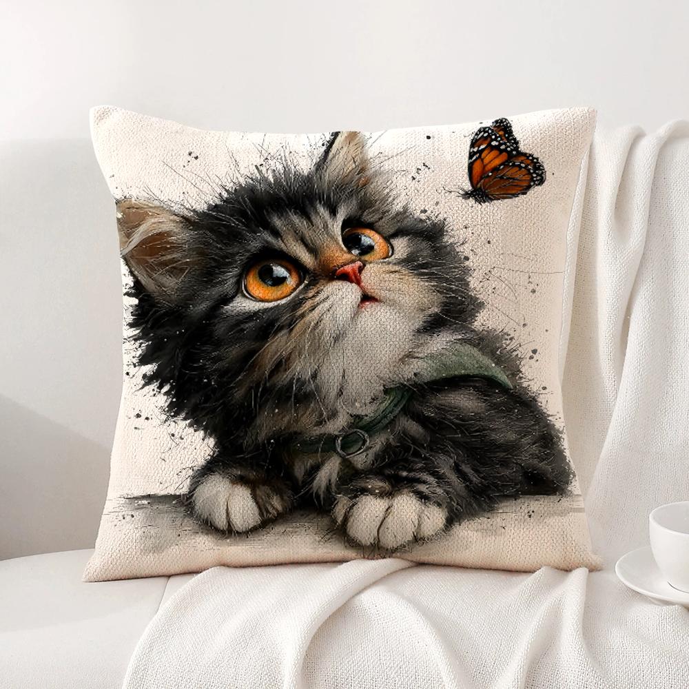 Cute Cat and Flower Cushion Cover Natural Linen Organic Fabric DoubleSided Printing Sofa Home Decor Gift Pillow Cover