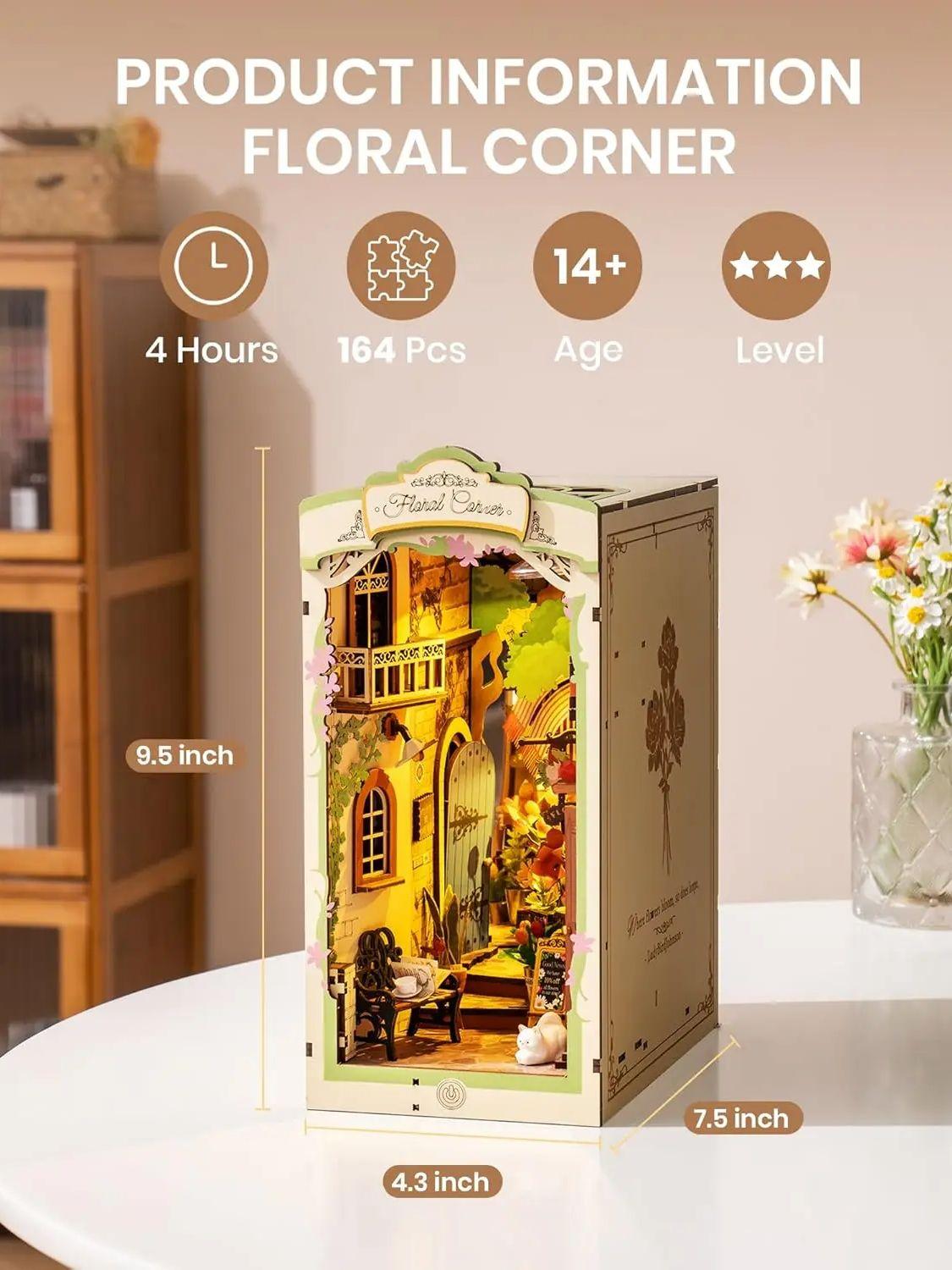 

Robotime DIY Набор миниатюрного дома Цветочный уголок со светодиодной подсветкой Наборы для книжной полки 3D Деревянный пазл Книжные подарки для взрослых