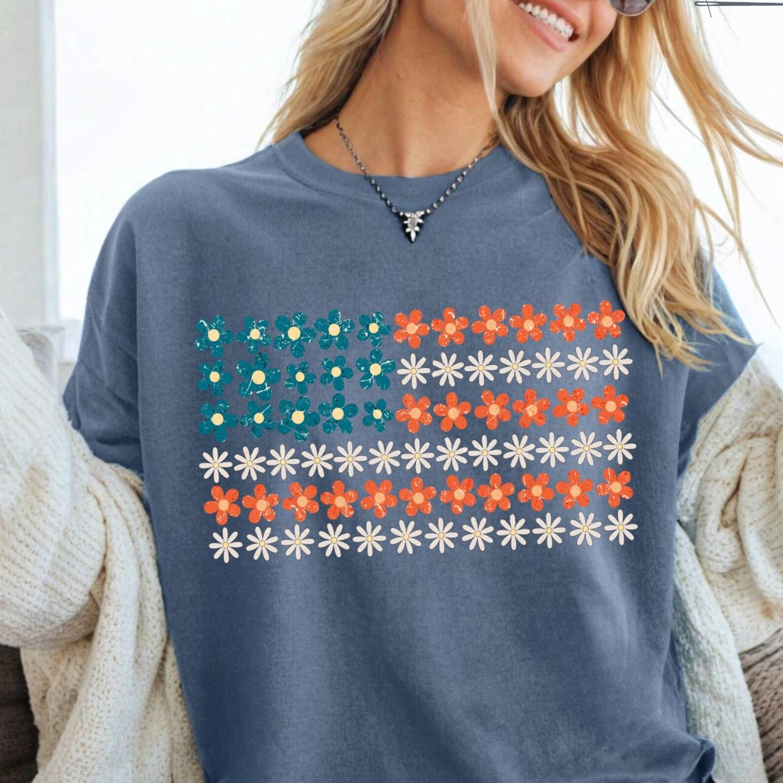 Floral 4th of July Boho Flag Comfort Colors® T-Shirt, Retro Fourth of July Shirt, Women s 4th of July T-Shirt, Trendy Cute Flower Tee M