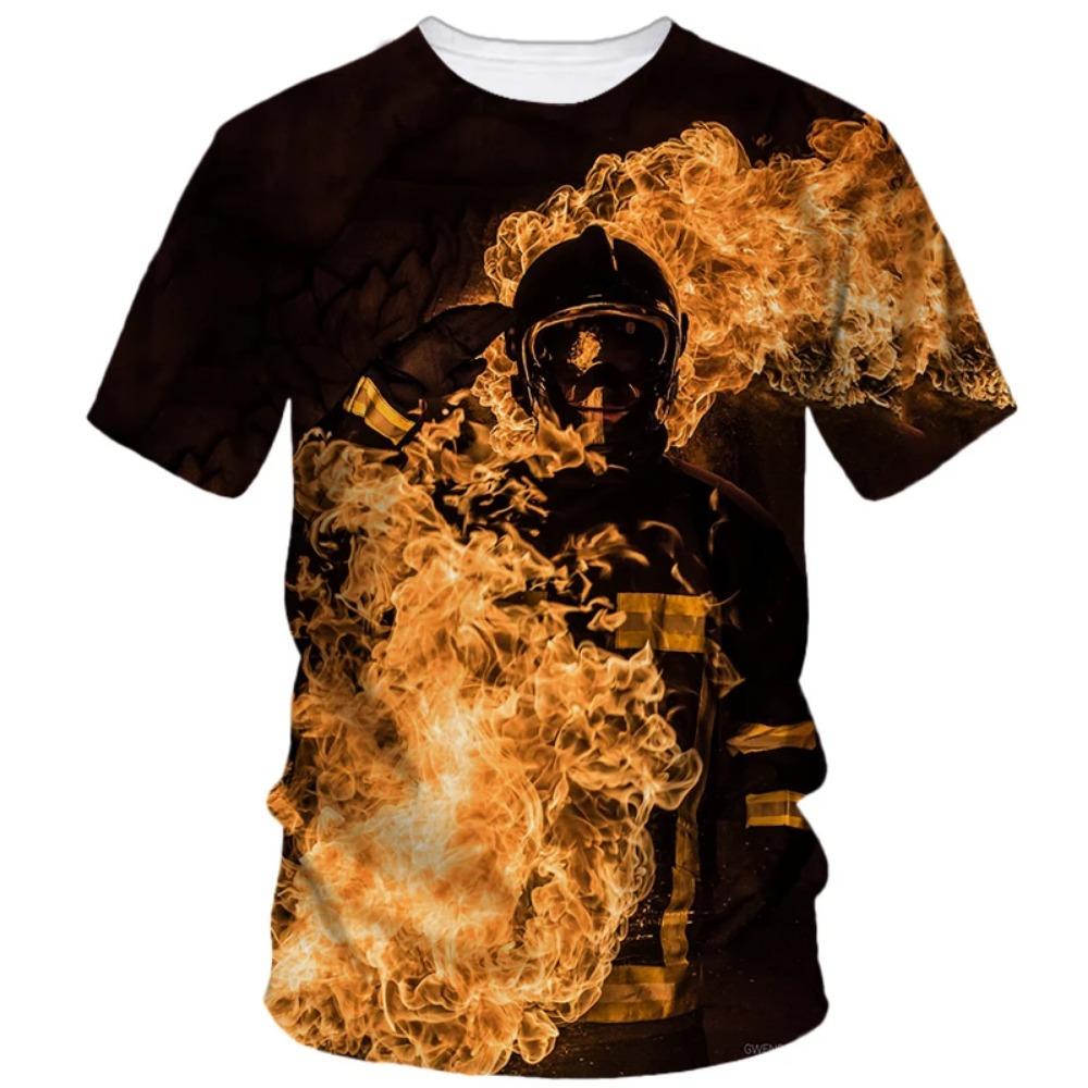Firefighter Pattern 3D Printed Tough Guy Style Summer Men's Round Neck Short Sleeved T-shirt
