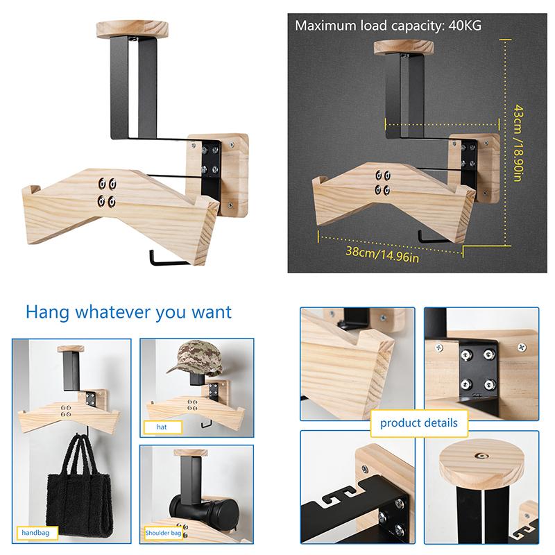 Helmet Rack Wall Mount Motorcycle Helmet Holder Wooden Bicycle Helmet Display Hanger With Hooks