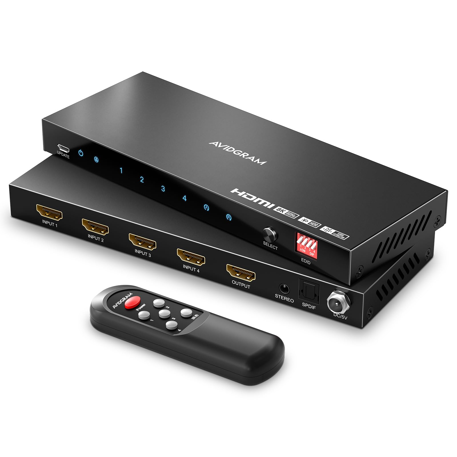 

AVIDGRAM 4-портовий HDMI-перемикач 4K 120 Гц 4 в 1 Вихід HDMI-перемикач 8K 60 Гц з аудіоекстрактором Toslink та пультом дистанційного керування 16 режимів EDID HDCP HDR10 VRR ALLM QFT