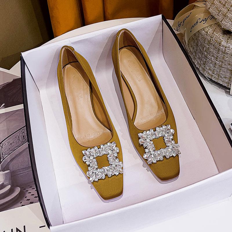 Temperament Square Head High Heels Women's New Middle Heel Women's Shoes Rhinestone Square Buckle Light Mouth Thick Heel Single Shoes