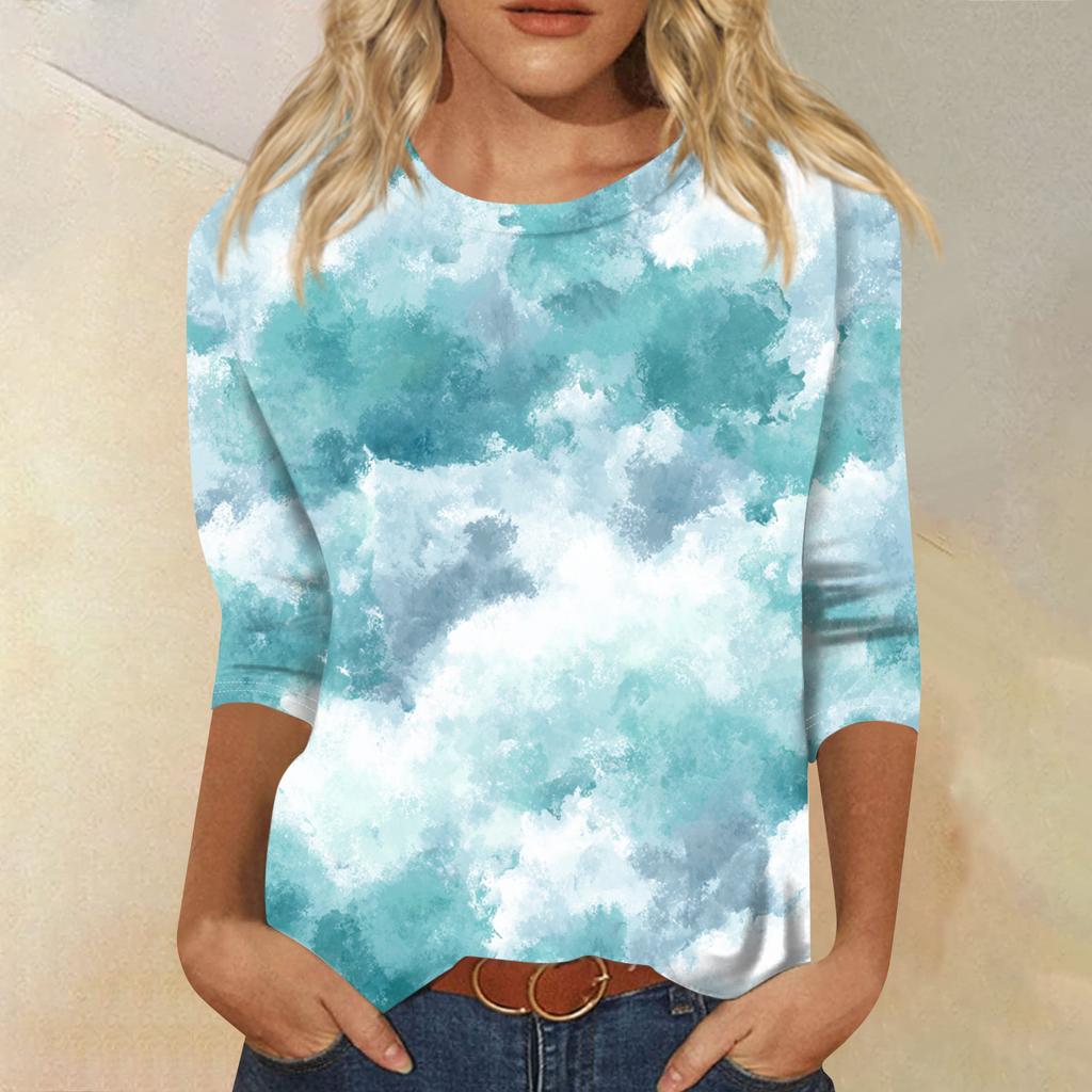 Women's Fashion Casual Round Neck Three-quarter Sleeve Gradient Print T-shirt Top