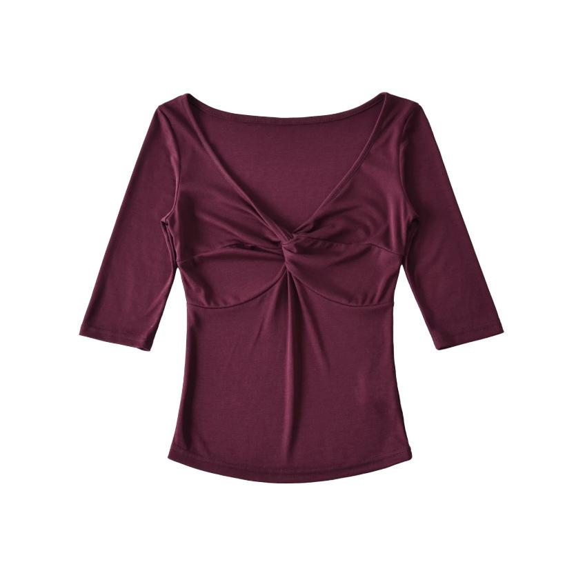 Deep V-Neck Kink Medium Sleeve T-Shirt Women's Summer New American Spice Girl Style Solid Color Slim Skinny Bottom Top