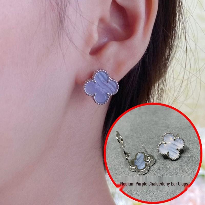 High-Version 18K Rose Gold Earrings: Four-Leaf Clover with White Mother-of-Pearl & Red Agate - Fashionable, Luxurious, INS Style.