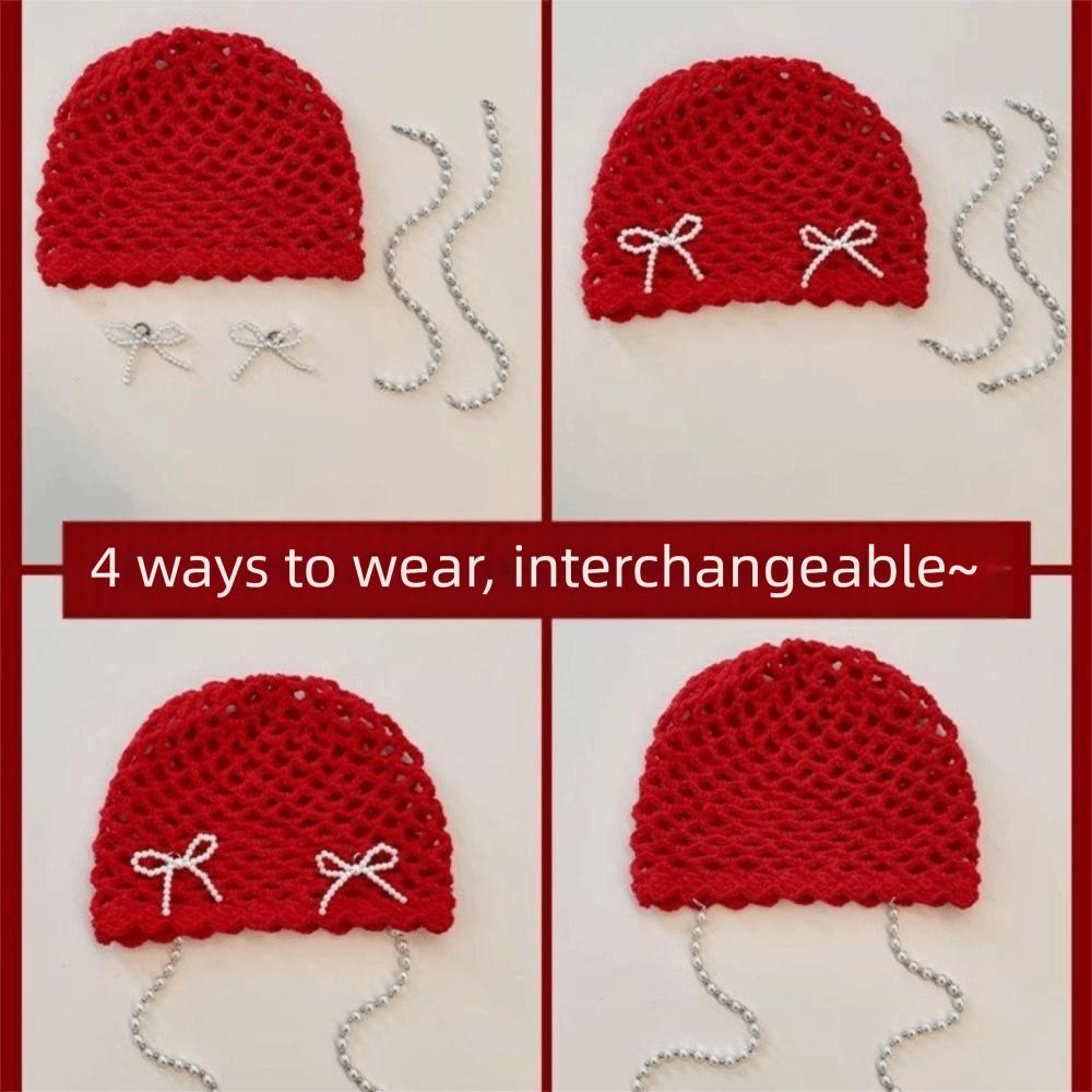 Hollow Out Bow Pearl Beanies Bohemian Style Knit Cap Cute Ethnic Style Hat  Outdoor