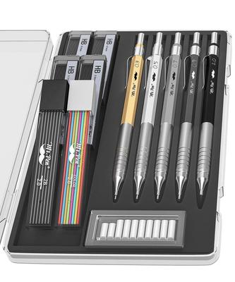Druckbleistift-Set aus Metall mit Mine und Radiergummi, 5 Größen. - Minen, - 0,3, 0,5, 0,7, 0,9, 2 mm, Skizzieren/Zeichnen