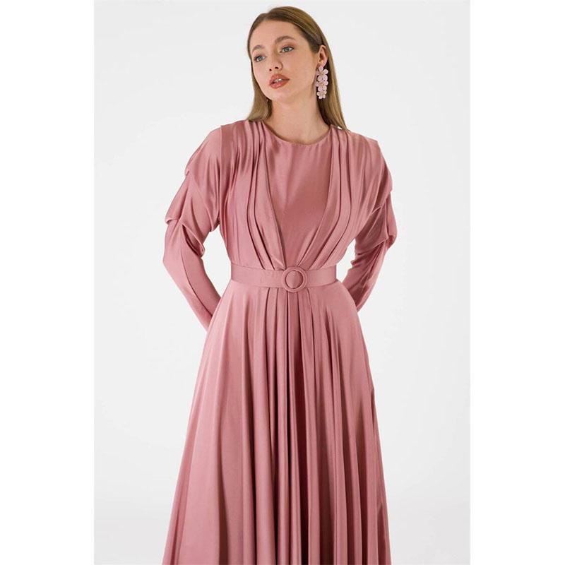 Rochie de Seara Hijab Drapat cu Maneca Lunga Dusty Rose