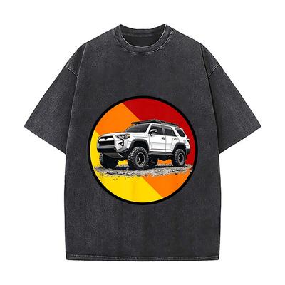 Black With Off  Road SUV Graphic European And American Washed Distressed Print Short Sleeve Fashion Casual Versatile T Shirt