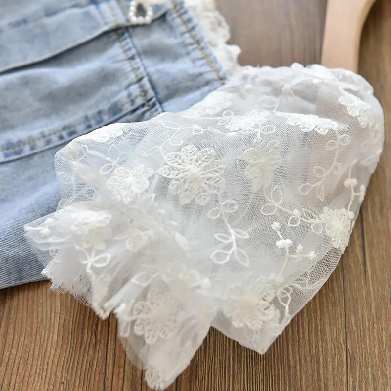 Kinder Mädchen Perlen Spitze Ärmel Denim Kleid Kleinkind Mode Sommer Kleider