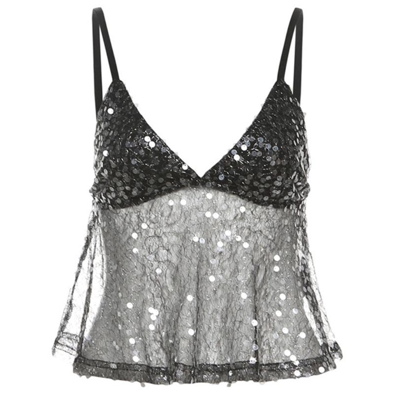 Women Sequins Mesh Tank Top Sleeveless V Neck Cami Crop Top Backless Camisole Raves Outfit Clubwear M