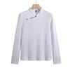 Women's Retro Korean Style Cotton Slim Fit Long Sleeve T-Shirt with Stand Collar and Diagonal Buttons 