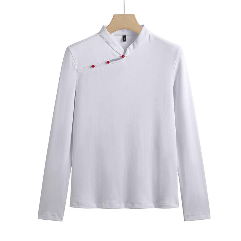 Women's Retro Korean Style Cotton Slim Fit Long Sleeve T-Shirt with Stand Collar and Diagonal Buttons