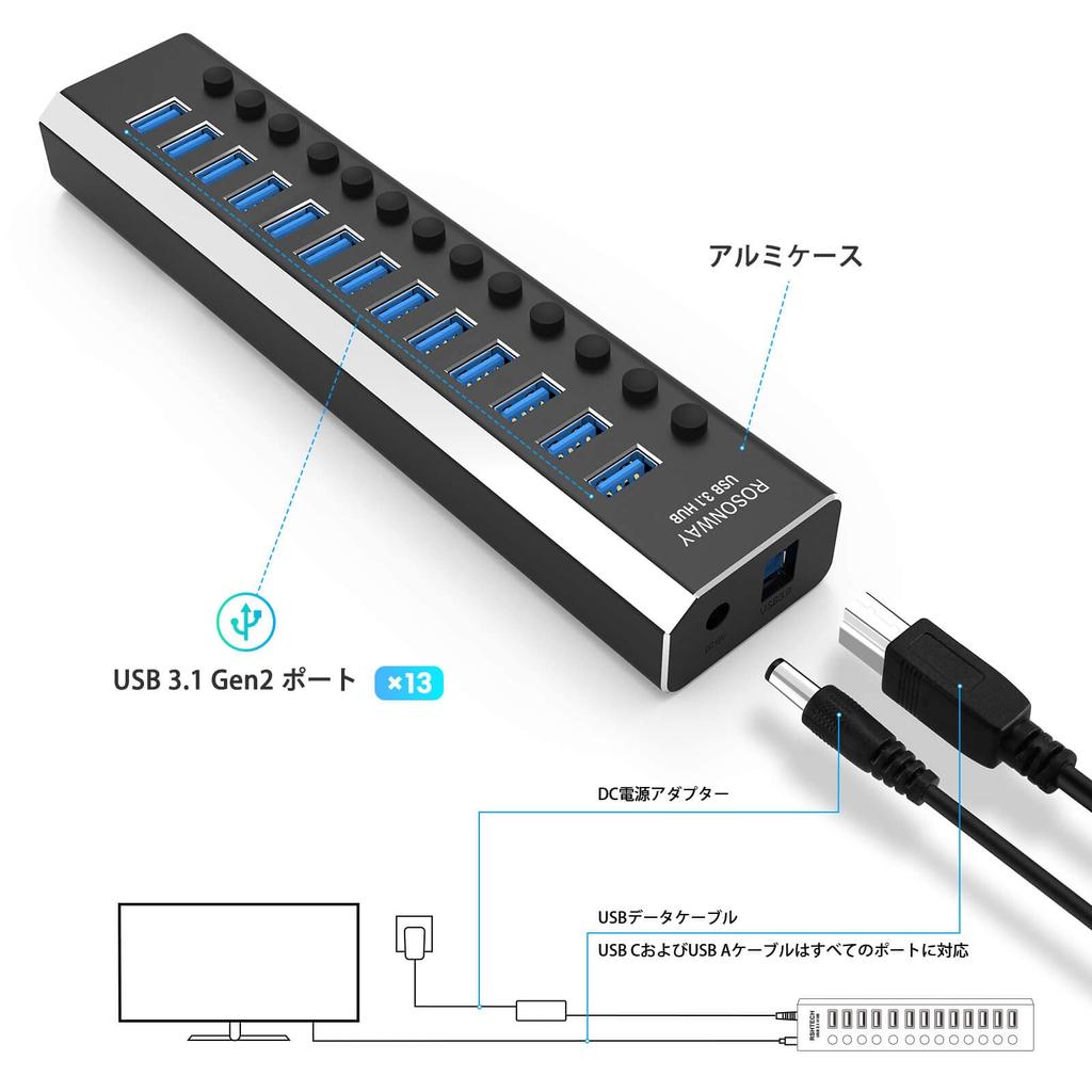 ROSONWAY USB Hub Gen2 10Gbps 13 Port Aluminum 72W USB HUB USB Cable and Type C Cable Included AC Adapter Independent Switch Included 3.1 Self-Powered