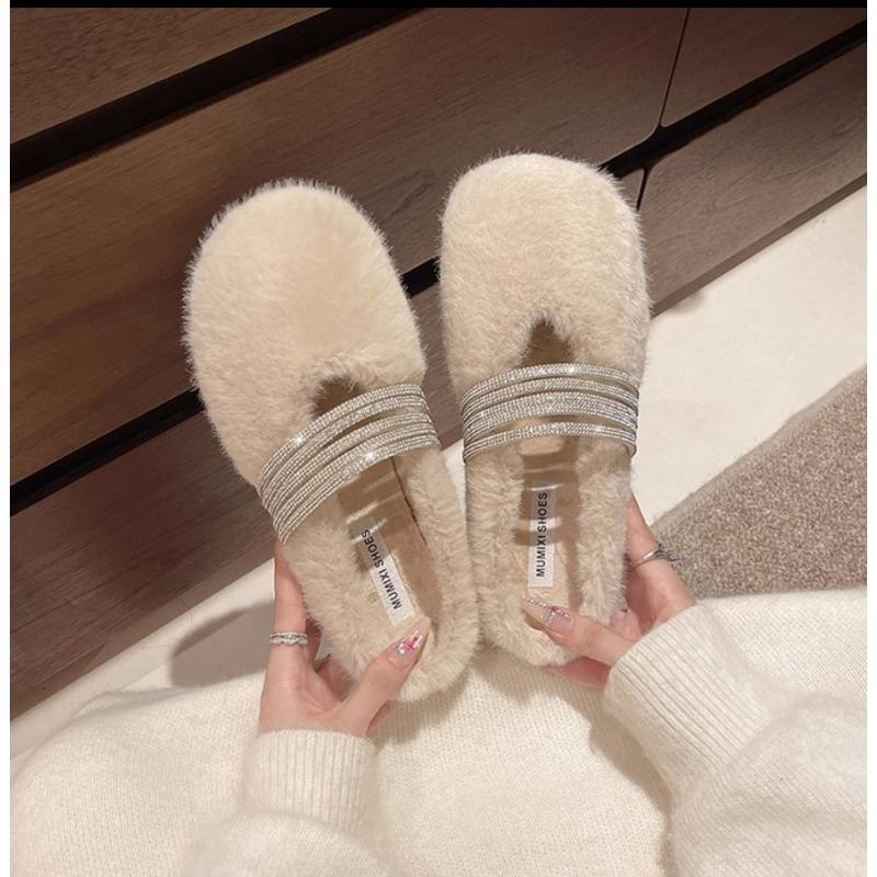 Fashion Winter Fashion Shining Rhinestone Women Fur Slippers Fluffy Fur Outward Soft Flat Shoes Elegant Women's Party Dress Mule Shoes