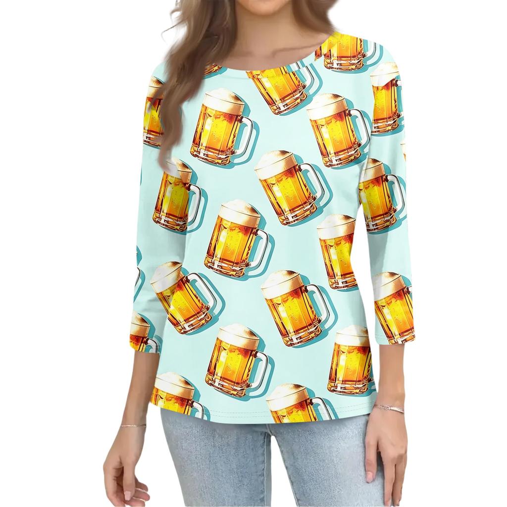 Women’s Casual Crew Neck Three Quarter Sleeve Top with Festival and Snack Print for Everyday Wear and Seasonal Events