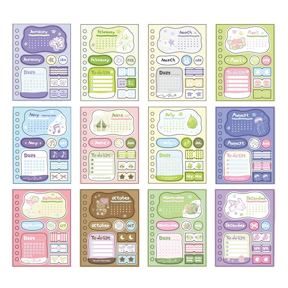 12 Sheets Heartbeat Signal Series Kawaii Cartoon Illustration Calendar Material Sticker Creative Planner DIY Scrapbook Supplies
